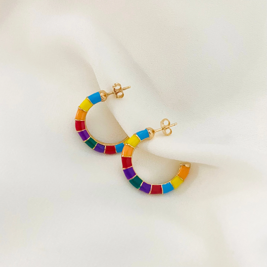 Colorful Enamel Hoops, Multi Color Mini Hoop Earrings, Bamboo Rainbow 18K Gold Filled Colored Summer Jewelry