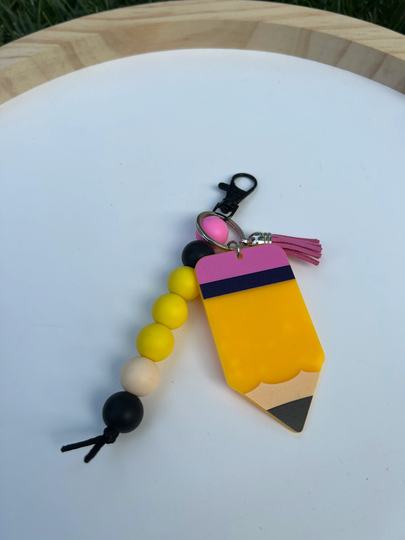Pencil Teacher Silicone Bead Lobster Clasp Keychain Purse Charm Acrylic