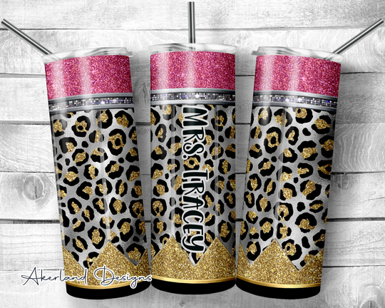 Silver Leopard Print Pencil Tumbler 20Oz Skinny | Non-Tapered/Personalize With A Name/ Gift For Teachers