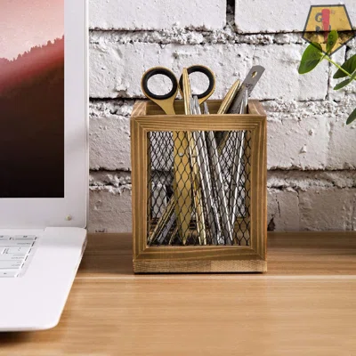 Rustic Burnt Wood Pen Cup With Black Metal Wire, Office Supplies Desktop Pencil Cup Organizer