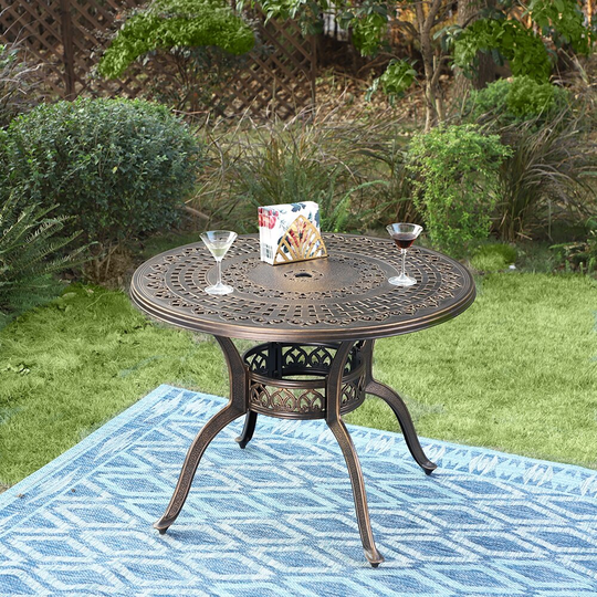 Sophia & William 39" Cast Aluminum Golden Bronze Patio Dining Table with 1.97" Umbrella Hole