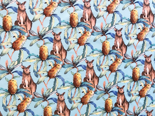 Kangaroo & Banksia Flower Blue Quilting Cotton Fabric By 1/4 Or 1/2 Yard, Fat Quarter Fabric, Australian Wild Bush Animal