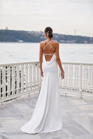 Open Back Minimalist Slip Wedding Dress Sleeveless Simple Beach With Train Boatneck Sheath Deep V Gown Helen