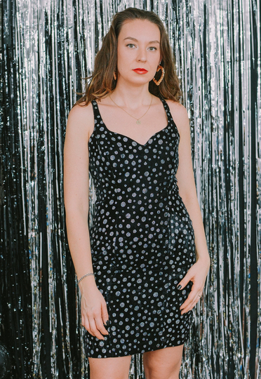 Mini Velvet Dress Black Brocade Holographic Dots Party Pencil Vintage 80S Sleeveless M Medium