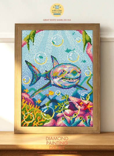 Great White Shark Ds1354, Diamond Painting Diy Kit | Pattern Diy Nature Sea Full
