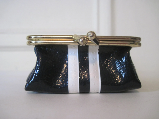 Super Mod 1970S Navy Blue & White Striped Vinyl Sewing Kit Case - Threads, Thimble, Measuring Tape Pouch, Change Purse, Seamstress, Travel