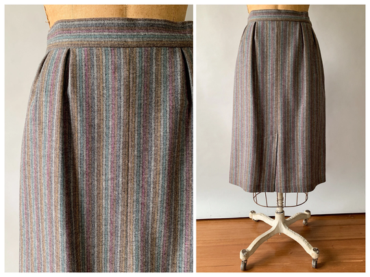Vintage 80S Skirt, 1980S Gray Wool Multicolored Stripe, Pencil Medium, W29