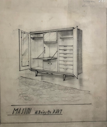 1940S French Pencil Architectural Study On Mylar. Furniture Design. Modern Furniture