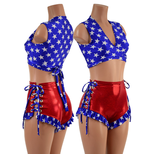 Ruffled Leg Siren Shorts Set With Lace Up Hips Created in Red Sparkly Jewel Blue & White Star Ruffles Ties & Wrap Top 157686