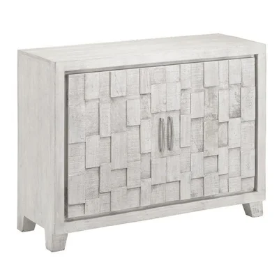 White Accent Cabinet Small Sideboard Hand Carved Door Mosaic Details