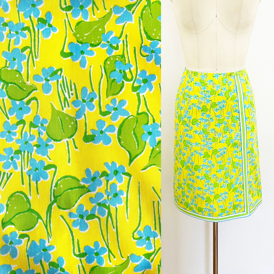 1970S Lilly Pulitzer Yellow & Blue Floral Pencil Skirt Vintage Preppy Suzie Zuzek The/Extra Small