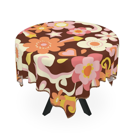 Retro Floral Tablecloth, Vintage Table Cover, Print Mid Century Flower Power Tablecloth 55" X 55", Mod Gift