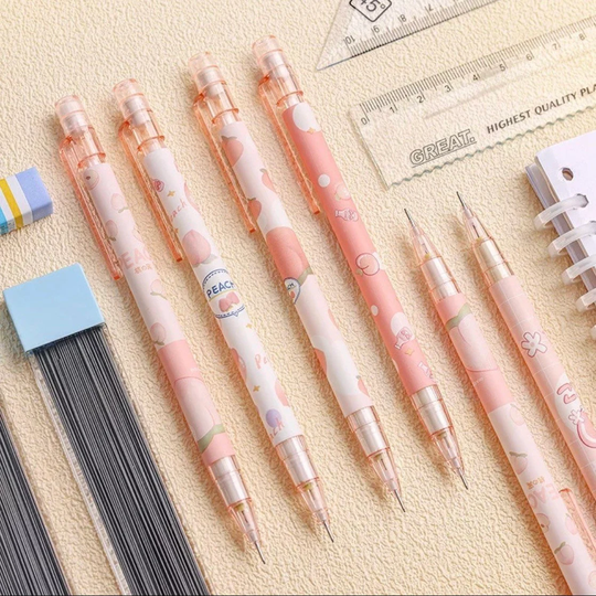 5 Pcs/Pack Sweet Peach Mechanical Pencil With Leads || Kawaii Press For Student & Office - 0.5mm Writing Point