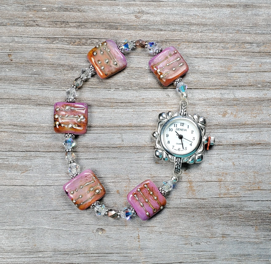 Purplish Pink Handmade Lampwork Glass & Swarovski Crystal Beaded Watch, Very Durable Stretchy Band, Available in Multiple Sizes
