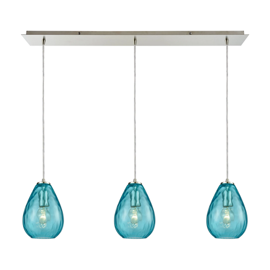 Lagoon 3-Light Linear Mini Pendant Fixture in Satin Nickel with Aqua Water Glass
