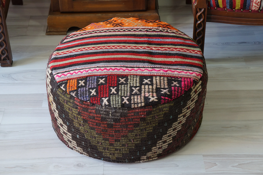 Colorful Round Wool Turkish Kilim Rug Pouf Vintage Modern Ottoman Boho Floor Chair Foot Stool Decorative Hand Woven 24"x10"