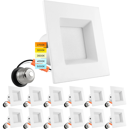 Luxrite 12 Pack 4 Inch Square Recessed LED Can Lights 5 Color Temperature Selectable Dimmable CRI 90 Wet Rated