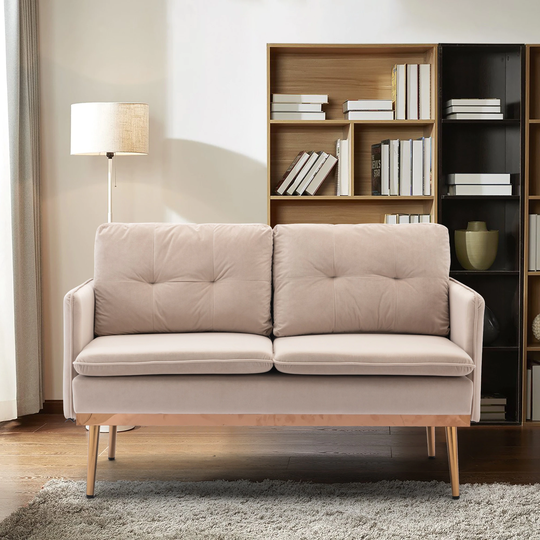 Modern Accent Velvet Tufted Back Love Seat Sofa with Square Arms Cusion Back&Seat and Rose Gold Metal Legs