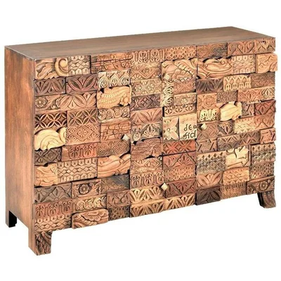 60 Inch Rustic Hand Carved Stacked Wood Blocks 3 Drawers Sideboard Buffet
