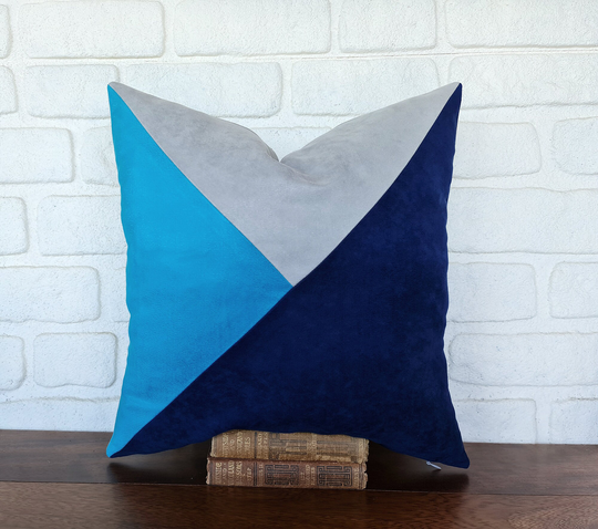 Diagonal Color Block Gray-Blue-Navy Blue Velvet Fabric Pillow Cover/Custom Throw Pillow/Lumbar - Square Cushion Cover-1Qty
