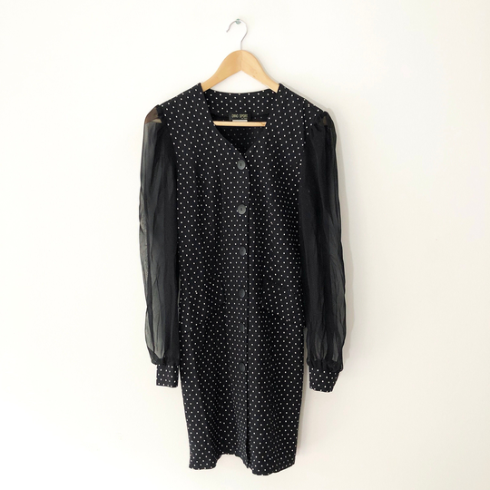 Vintage Sheer Sleeve Black & White Diamond Polka Dot Print Button Up Pencil Dress, Made in Canada, Size 6