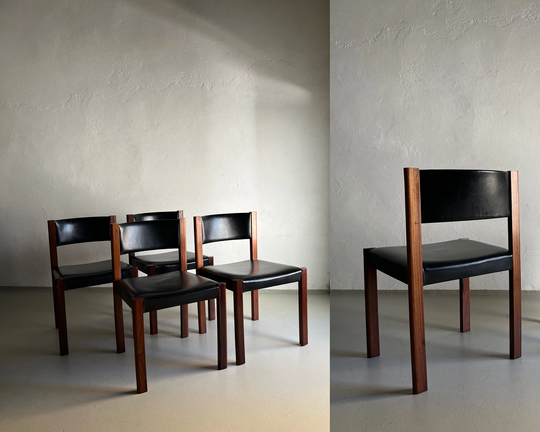 4 Black Leather Mahogany Chairs/Denmark Mid Century