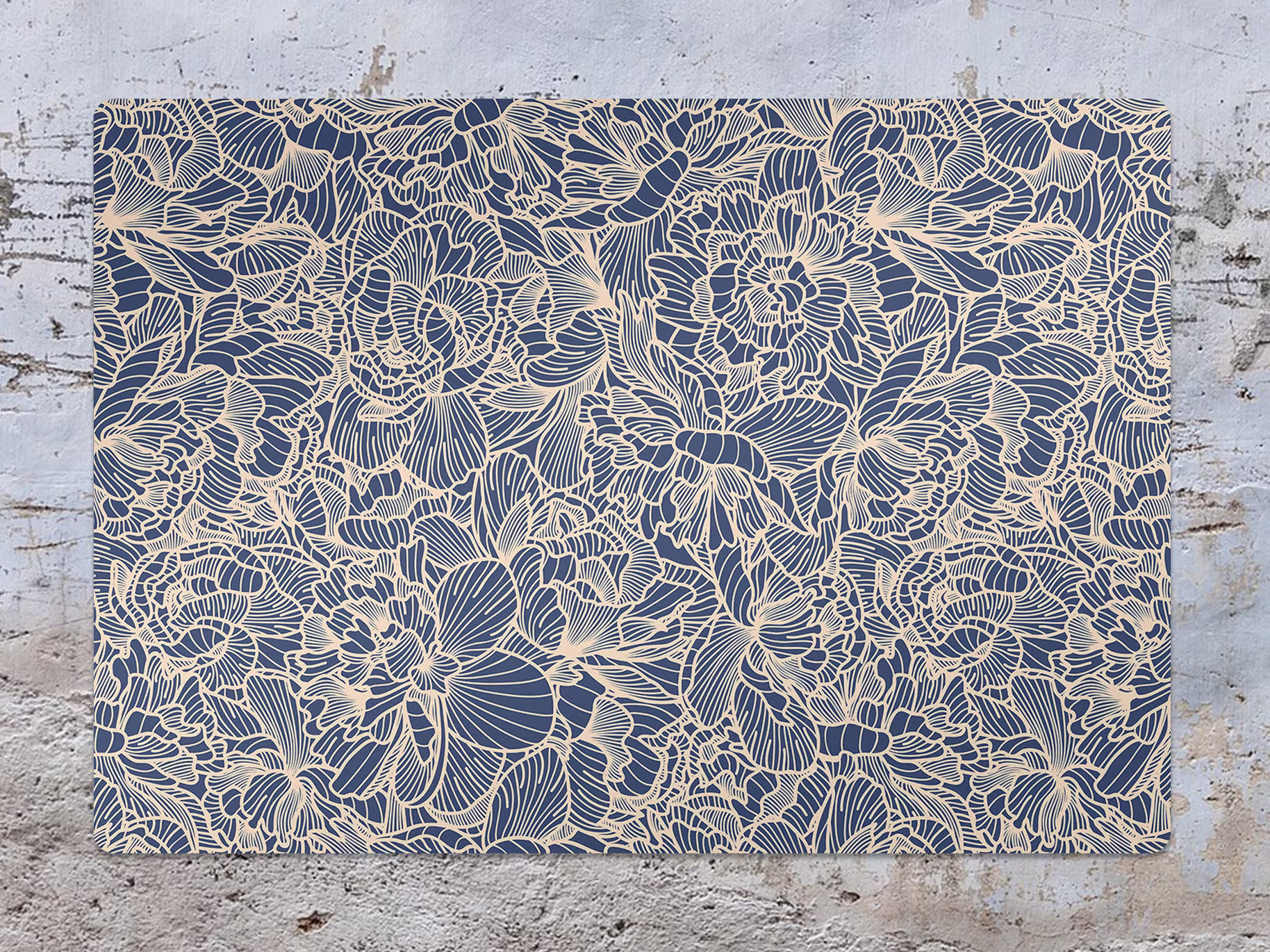 Evening On Meadow Chair Mat, Navy Vinyl Floor Beige Protective Floral Splat Pvc Flooring, Housewarming Gift