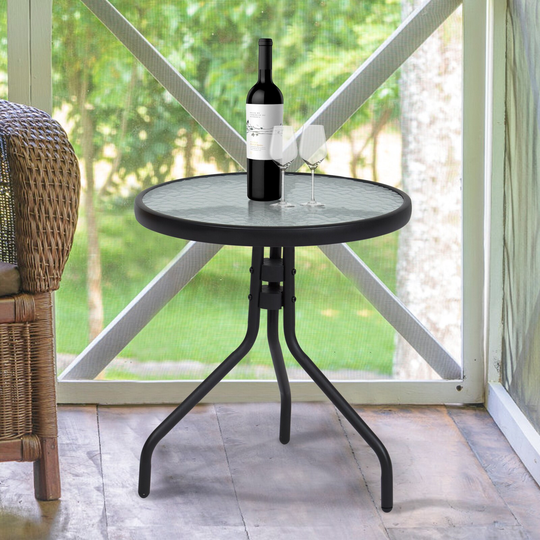 Patio Round Side Table w/ Tempered Glass Top, Bistro Coffee Table Outdoor Metal End Table with Legs for Outdoor Garden Backyard