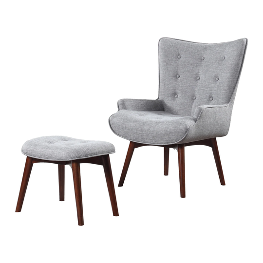 Fabric Upholstered Wood Legs Accent Chair with Ottoman in Grey and Brown