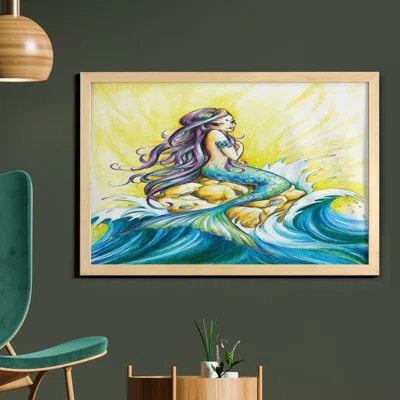 Mermaid Wall Art With Frame, Mermaid Sitting On Rock Sunny Day Colored Pencil Drawing Effect, Printed Fabric Poster For Bathroom Living Room Dorms, 35