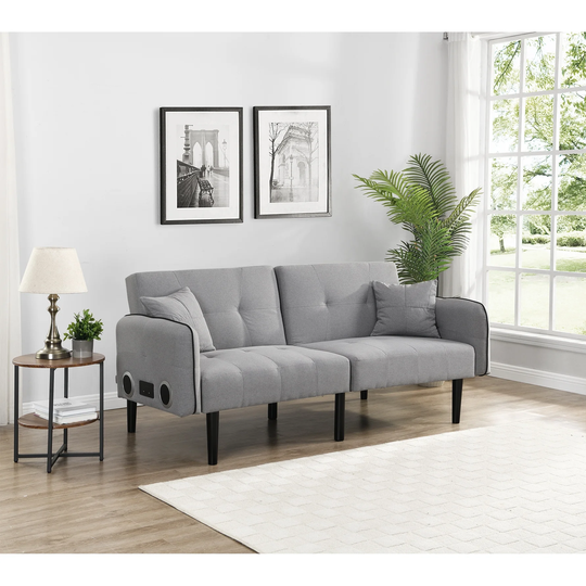 Modern Sofa Couch Folding Ottoman Sofa Bed with Stereo and 2 Pillows(Gray)