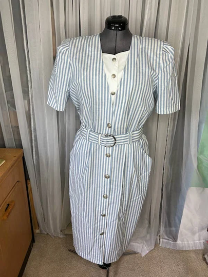 Shirt Dress Blue White Striped Pencil Skirt Shoulder Pads Pockets
