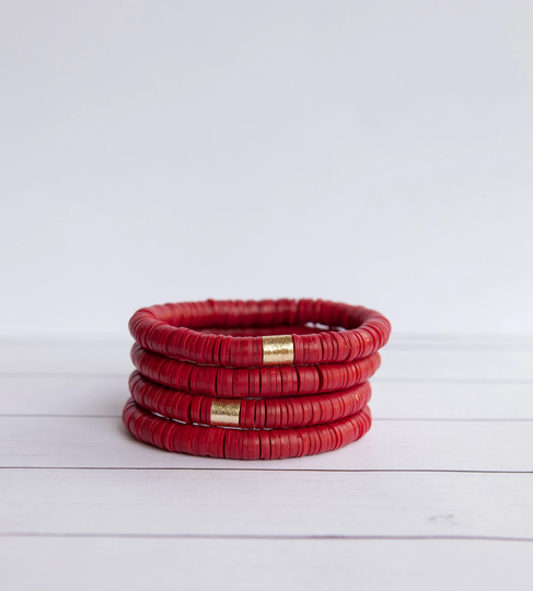 Dark Red Clay Disc Stretch Bracelet | 8mm 1 Deep Polymer Gift For Her Stacking
