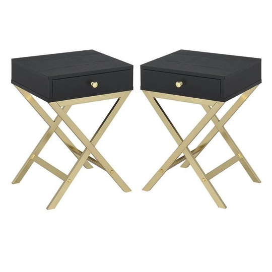2-Piece Furniture End Table Set in Black and Brass - 54 x 84