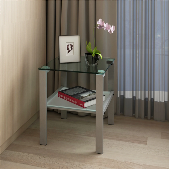 Glass Side Table, End Table W/ Storage Shelf for Living Room & Bedroom