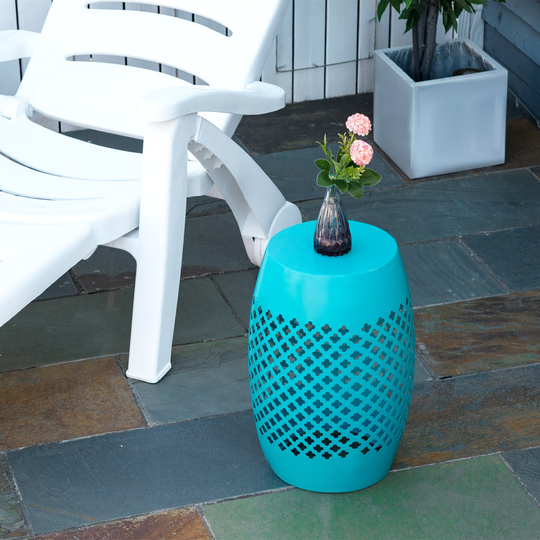 Outsunny Steel Patio End Table, Round Side Table with Hollow Drum Design, Accent Table for Outdoor and Indoor Use