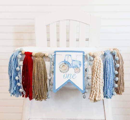 Boho Tractor Birthday High Chair Yarn Tassel Banner, Cake Smash Backdrop First Birthday, Topper
