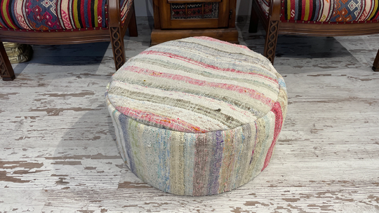Round Ottoman Floor Table Pouf Foot Stool Pouffe Bean Bag Chair Cushion For Seat Contemporary Striped Decorative 24x10 Inches