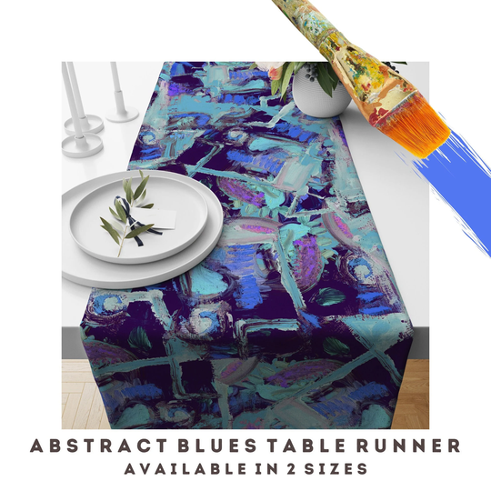 Art Table Runner Abstract Print Dining Room Kitchen Decor Cotton Colorful Blue Boho Artistic Unique Bold Modern Topper Buffet Scarf