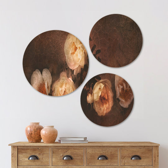 Designart 'Wild Roses in Old Style' Floral Wood Wall Art Set of 3 Circles - Multi-Color
