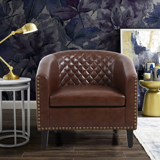 Barrel Accent Chair with Arms Faux Leather Club Chairs Side Chairs Upholstered Tub Chair for Living Room Bedroom, Brown PU