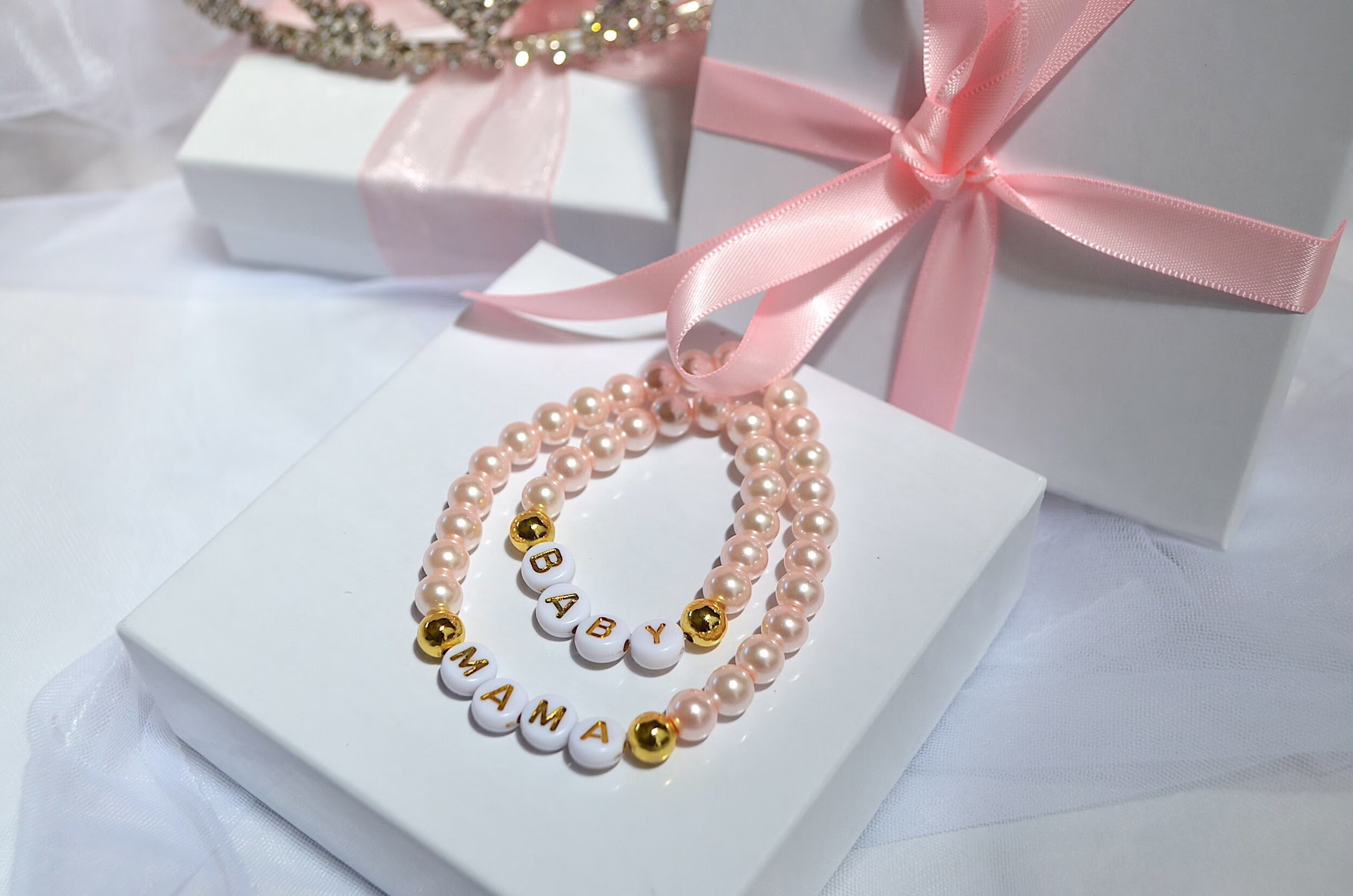 Pink Pearl Mommy Baby Personalized Bracelets, Blush Bracelet, Newborn Shower Gifts, Announcement, Baby Jewelry