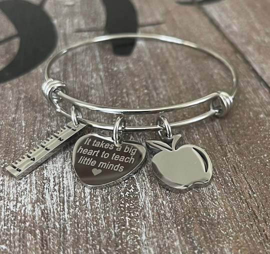 Teacher Bracelet-Stainless Steel Ruler & Apple Charms - Teacher Appreciation Jewelry, Graduation Bracelet