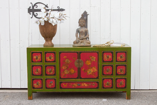 Painted Green & Red Chinese Credenza, Asian Buffet Cabinet, Sideboard, Elm Altar Cabinet, Dining Credenza, Asian Cabinet