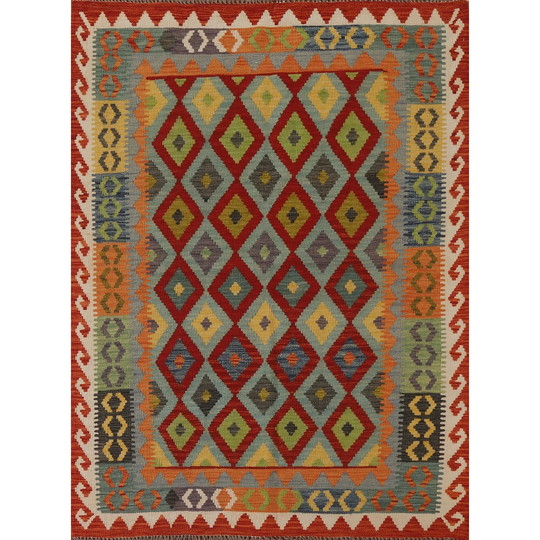 Geometric Kilim Multi-Color Reversible Area Rug Flat-weave Wool Carpet - 5'5"x 6'1"