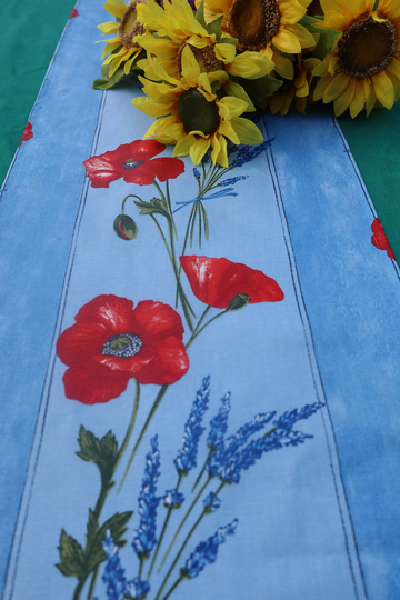 Red Poppies in Light Blue Table Runner Cotton French Oilcloth Fabric. Gift For Her Under 50 Table Setting Fabric With Lavender