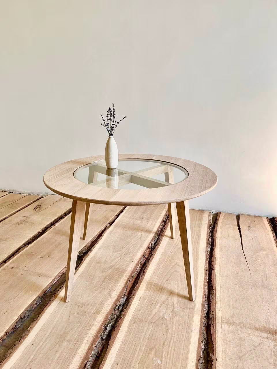 Round Oak Coffee Table, Glass Unique Modern Large Natural Wood Table, Custom Circle Coffeetable, Scandinavian Side Table