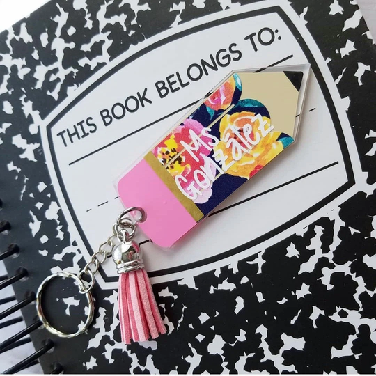 Patterned Personalized Teacher Name Acrylic Pencil Keychain With Tassel, Appreciation Gift, Tutor, Backpack Tag, Back To School
