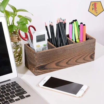 Rustic Wood Pencil Pen Holder, Kids Desk Stationery Pen Organizer , Multi-Use Desktop Organizer Storage Caddy For Office, School