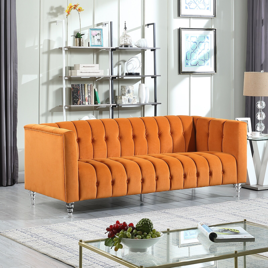 Modern Tufted Velvet Orange / Grey Channel Sofa with acrylic leg